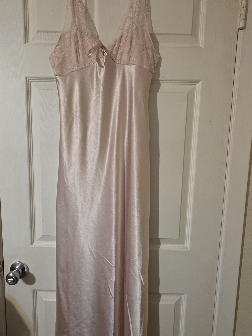 Long Satin Slip Dress with Lace Bodice - Light Blush Pink
